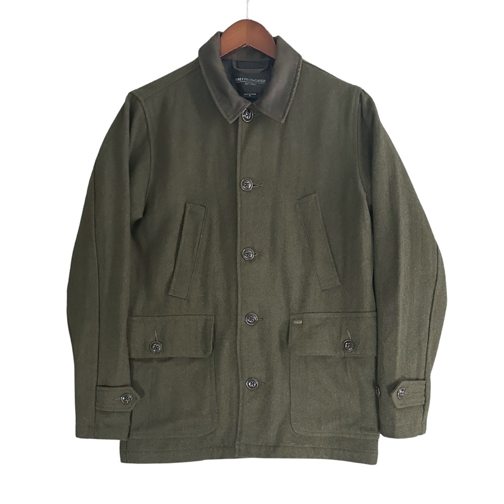 Obey Propaganda Field Jacket Mens Medium Green Brown Wool Blend Workwear Coat